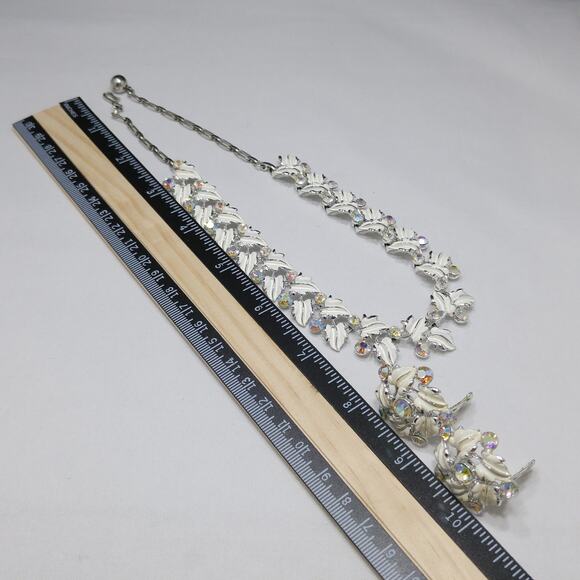 White Enamel Aurora Borealis Necklace & Earrings, Rhodium Plated, Wedding - Picture 7 of 10